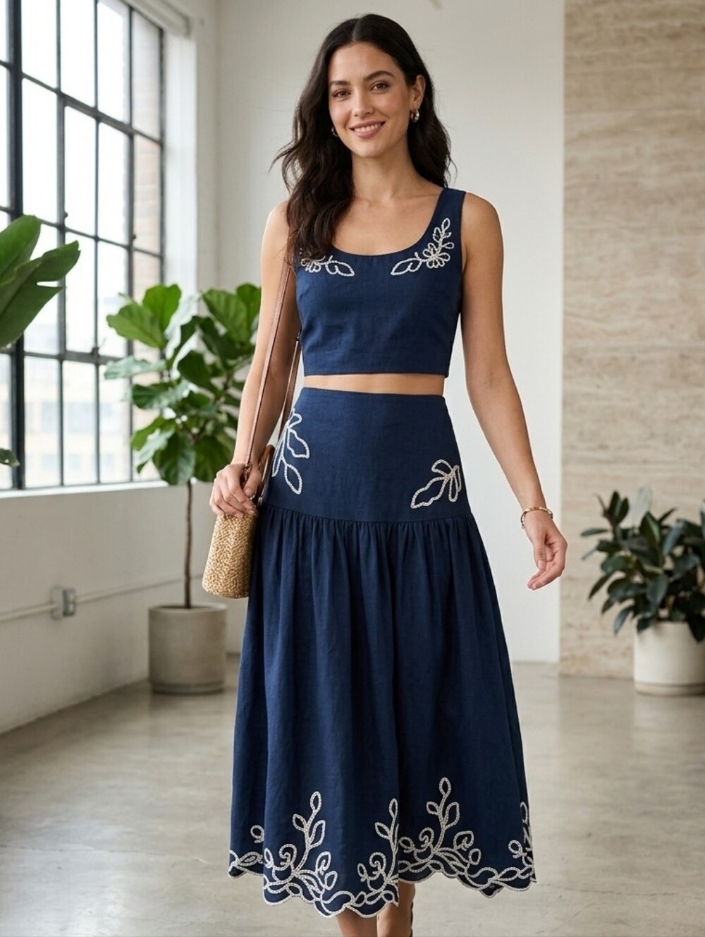 Embroidered Navy Blue Midi Skirt Set - Picture 10 of 11